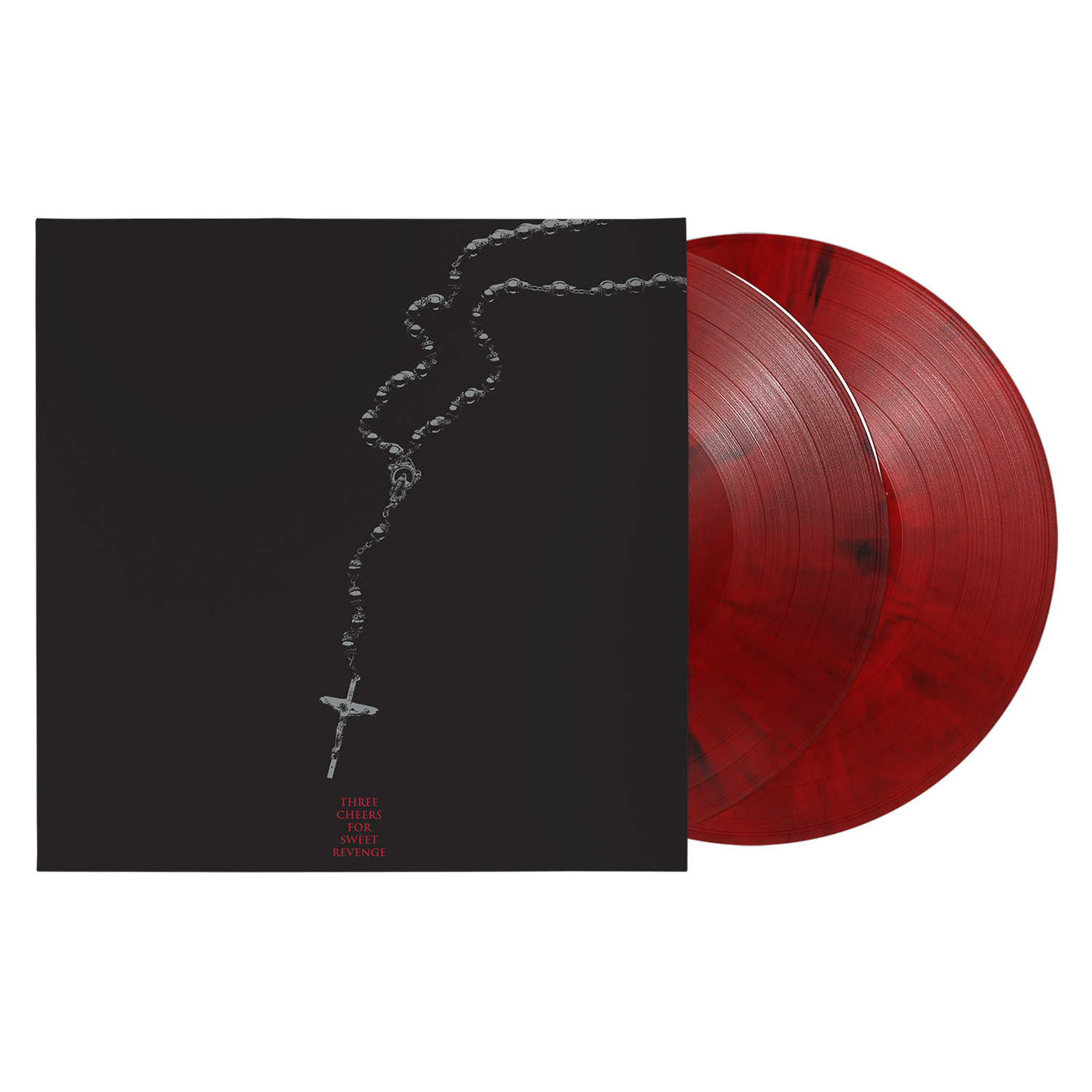 My Chemical Romance vinyl record with a rosary image and red marbled discs.