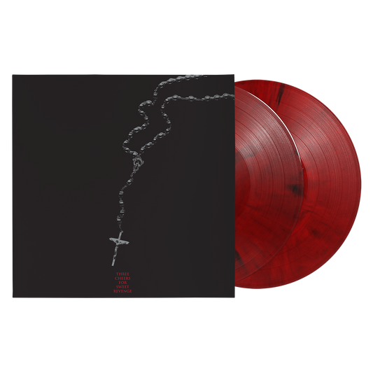 My Chemical Romance vinyl record with a rosary image and red marbled discs.