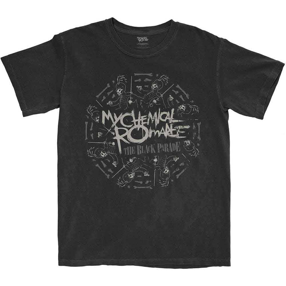 Black unisex T-shirt featuring a white circular My Chemical Romance logo graphic.