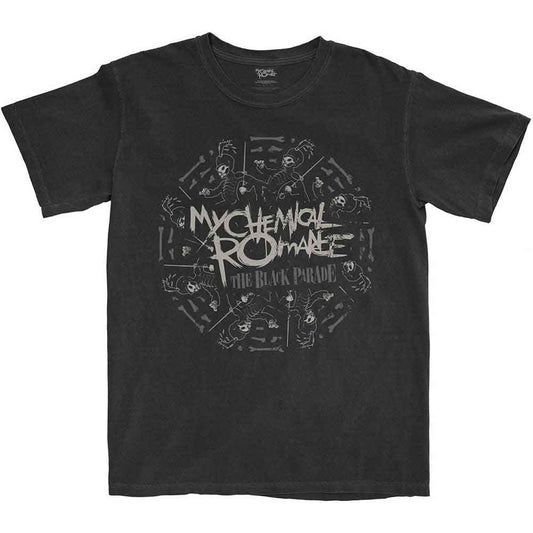 Black unisex T-shirt featuring a white circular My Chemical Romance logo graphic.