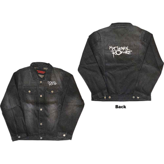 Denim jacket with large My Chemical Romance logo printed on the back.