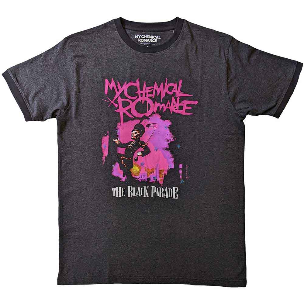 Black t-shirt with "My Chemical Romance" and a March design, ringer neckline.