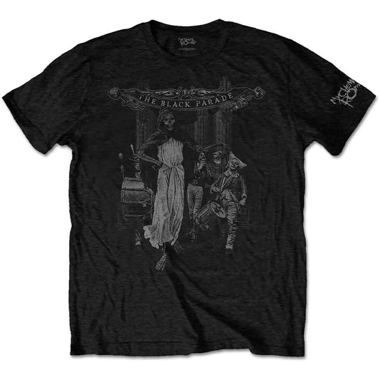 A man wearing a black My Chemical Romance The Black Parade graphic t-shirt.