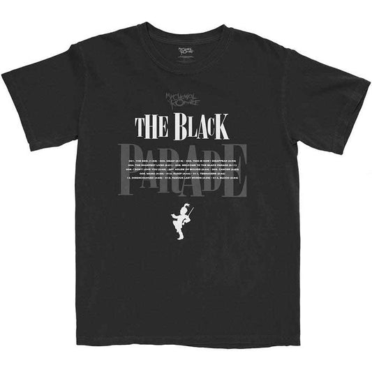 Black t-shirt with white My Chemical Romance tracklist design, size large.