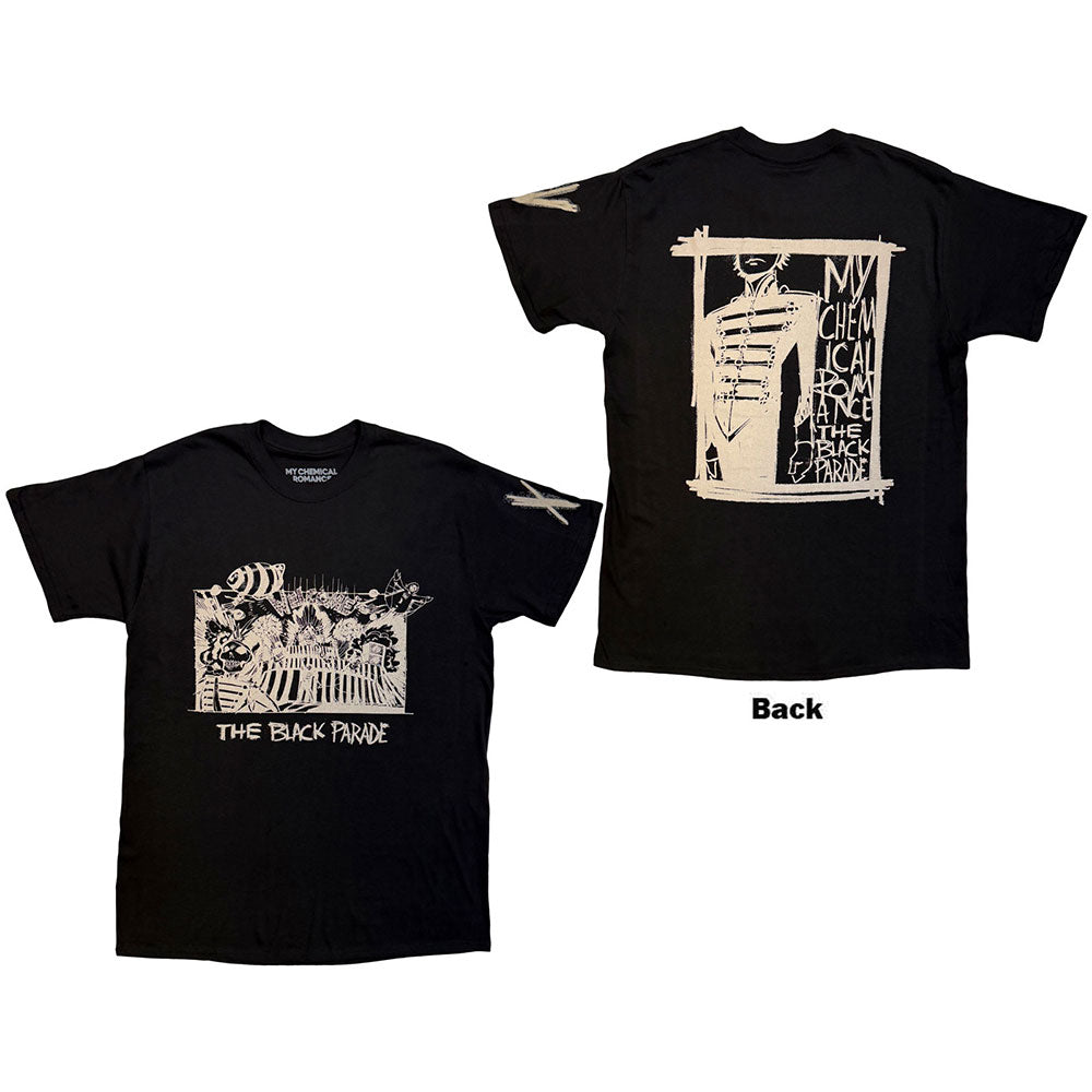 Black unisex t-shirt featuring a My Chemical Romance marching band graphic on the back.