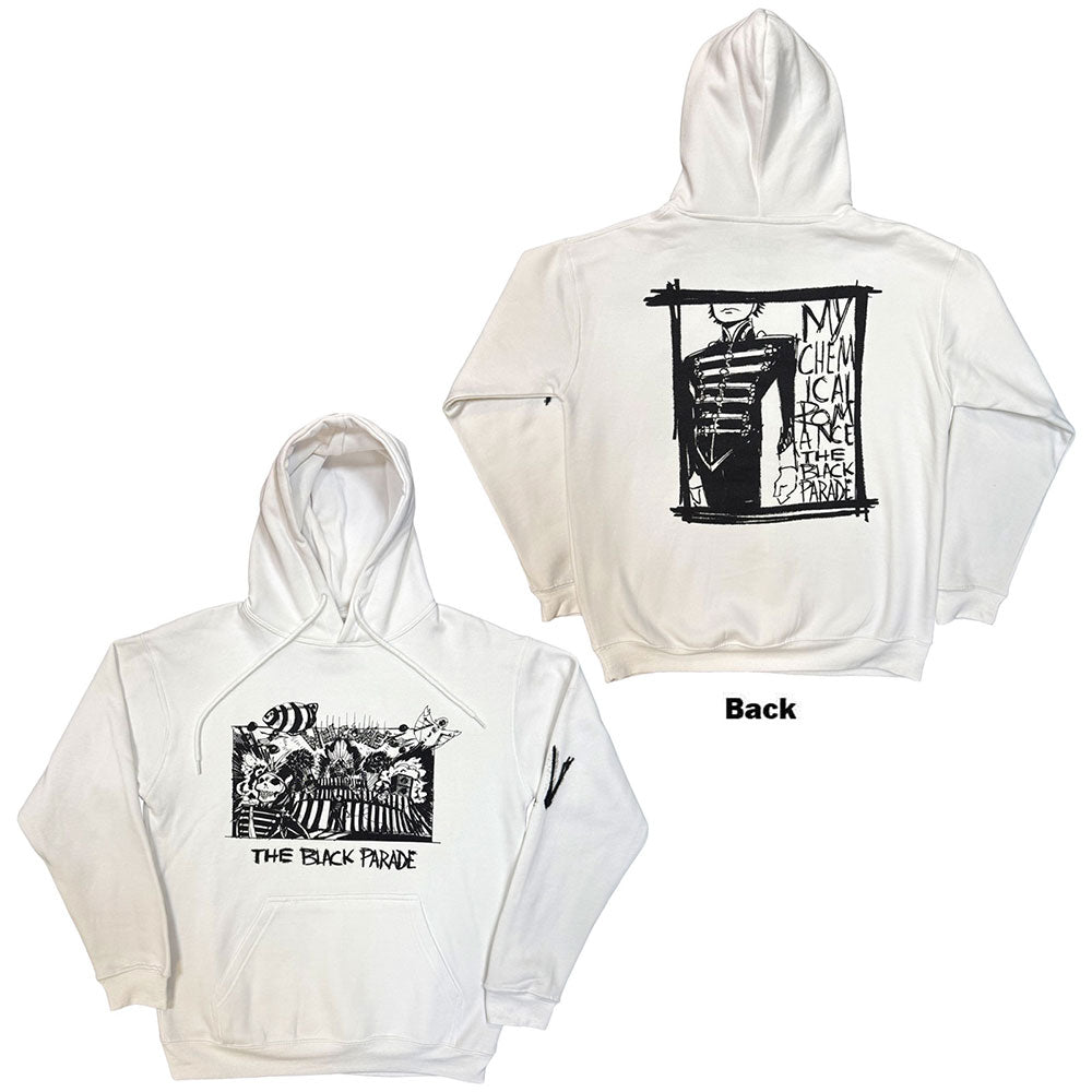 White hoodie featuring a black and white graphic of a marching band and XV.