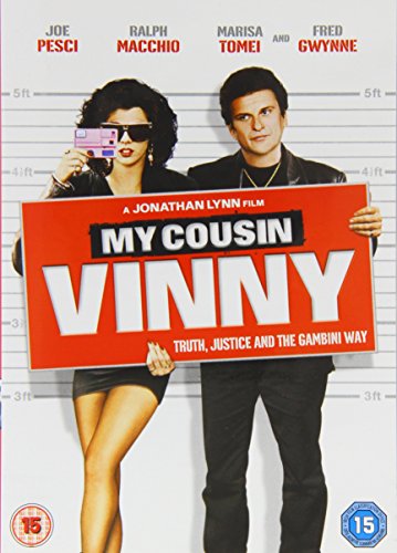 Joe Pesci and Marisa Tomei hold a My Cousin Vinny sign against a police lineup.
