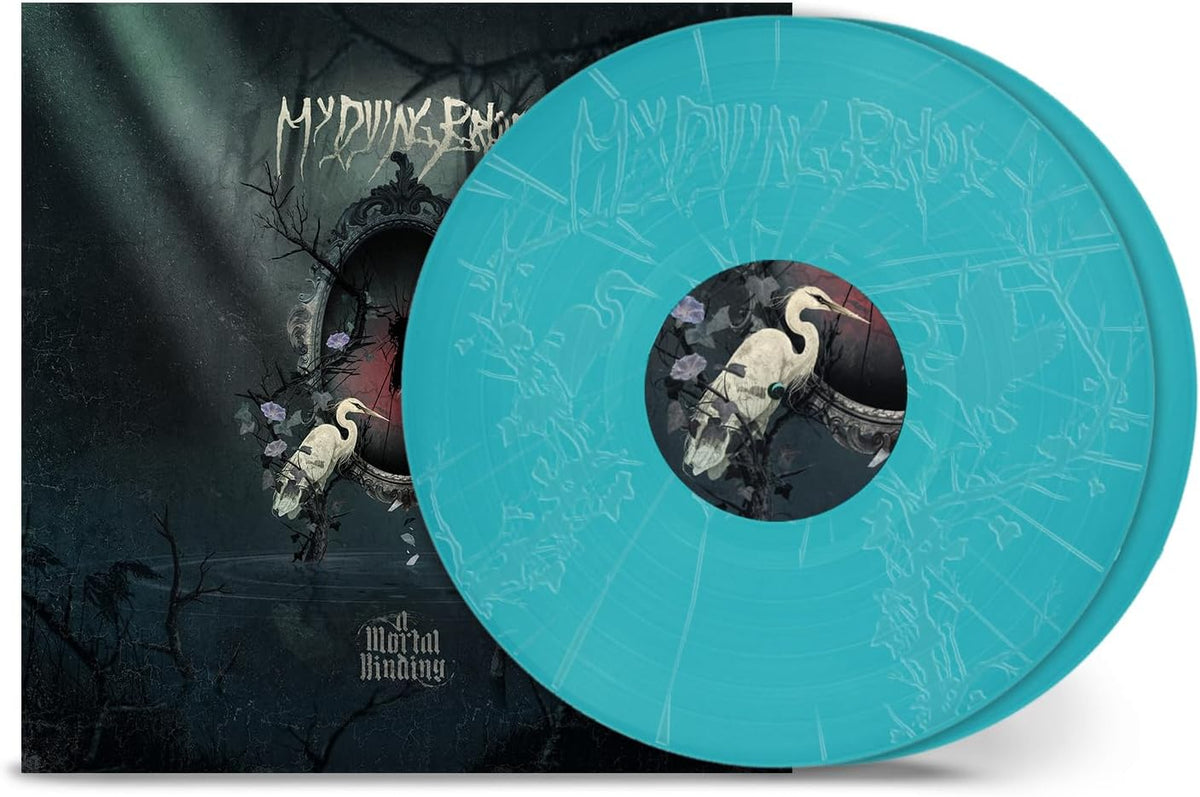 My Dying Bride album cover and teal vinyl record with bird imagery.