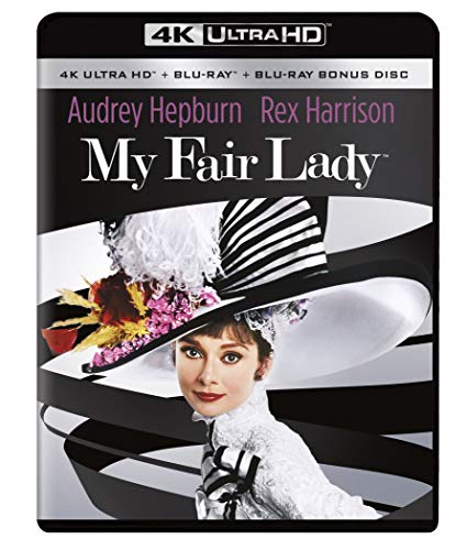 Audrey Hepburn wearing a large black and white hat on the My Fair Lady cover.
