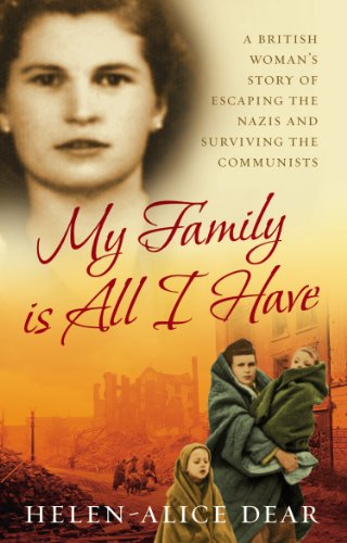Book cover: woman’s portrait, family with children, and war-torn landscape.