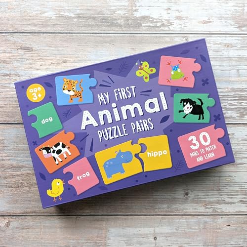 Purple puzzle box with colorful animal pairs for young children.