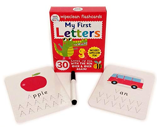 Red box of "My First Letters" flashcards with pen and example cards.