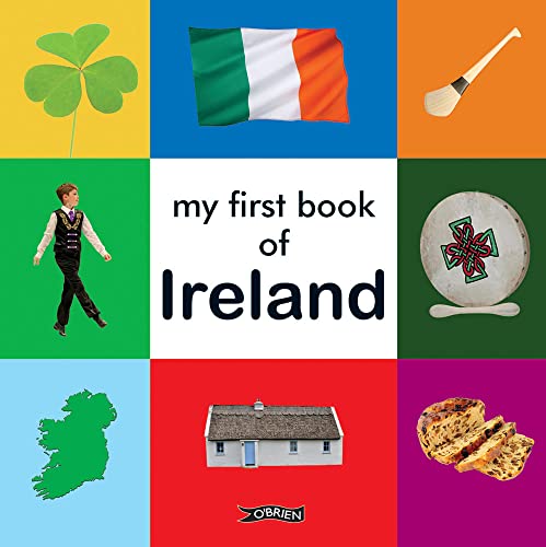 Book cover with Irish symbols: shamrock, flag, boy, and traditional items.