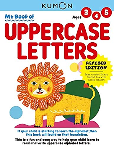 Kumon workbook cover with colorful uppercase letters and a lion illustration.
