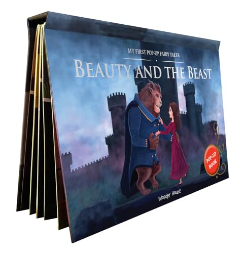 Beauty and the Beast pop-up book showing the characters standing before a dark castle.