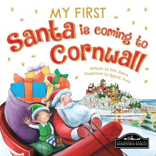 Santa and an elf with gifts, overlooking a Cornish winter town.