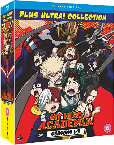 My Hero Academia Seasons 1-3 Blu-ray box set featuring various anime characters.