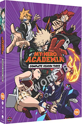 My Hero Academia" Season 3 DVD cover featuring four anime characters with energy effects.