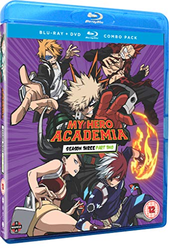 "Blu-ray case with anime characters on purple background, titled 'My Hero Academia'."