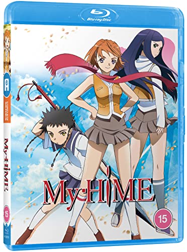 Blu-ray cover for anime "My Hime" featuring three characters with swords.