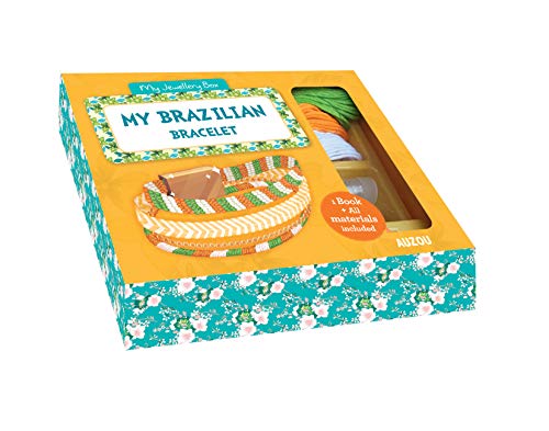 Yellow craft kit box for making Brazilian bracelets with colorful thread and a book.