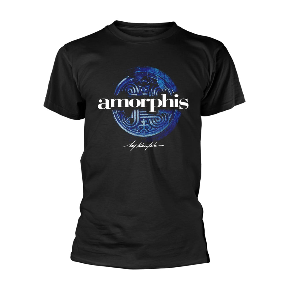 Black t-shirt with white "amorphis" text and circular design.