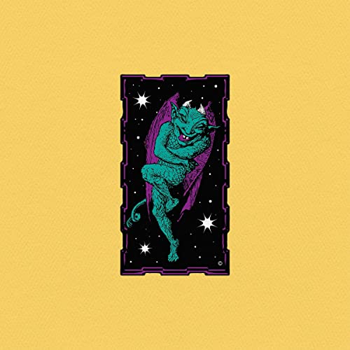 Teal creature with wings against a starry night sky on a yellow background.