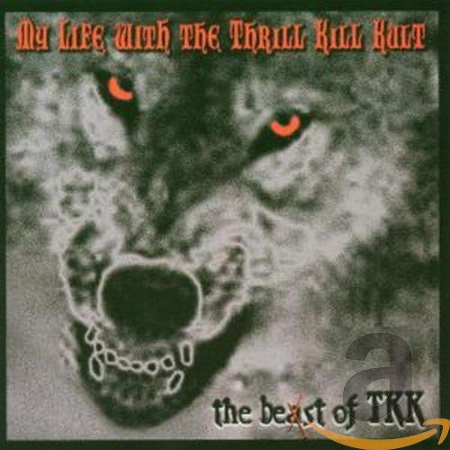Gray wolf's face with glowing red eyes and chain around snout on album cover.