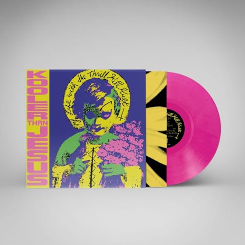 Magenta vinyl record and album cover with colorful, distorted portrait.