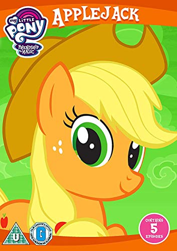 Applejack, an orange pony with a yellow mane, on a DVD cover.