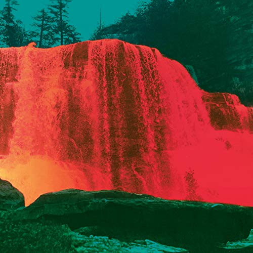 "Album cover featuring a red and orange waterfall with trees in the background."