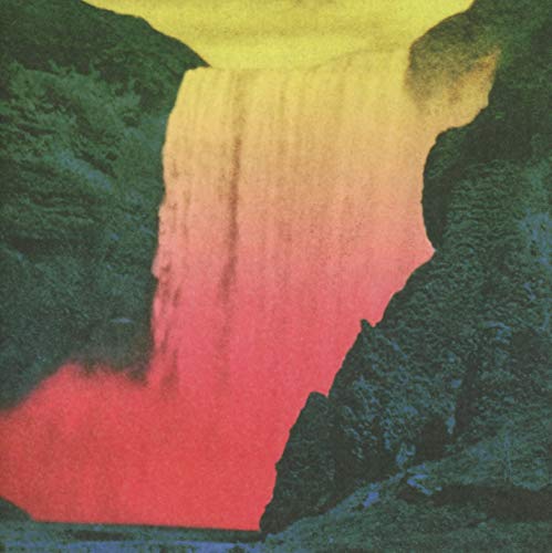 Colorful, abstract image of a waterfall with green cliffs.