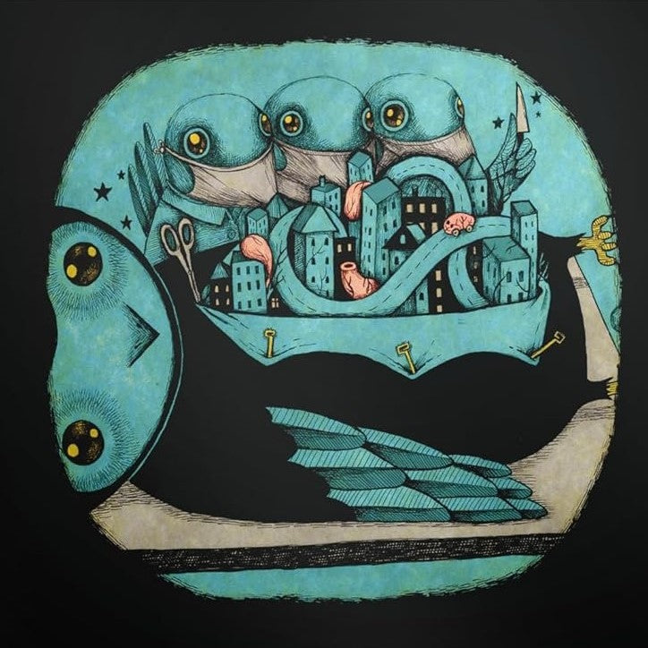 My Morning Jacket "Z" vinyl album cover: surreal blue cityscape illustration.