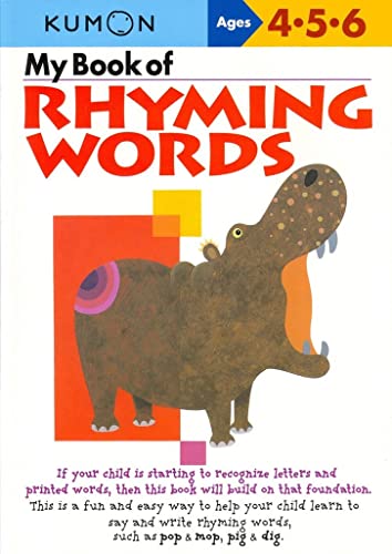 Kumon workbook cover: “My Book of Rhyming Words” with a cartoon hippo.