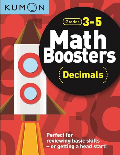 Kumon workbook cover with rocket illustration, focusing on math boosters and decimals.