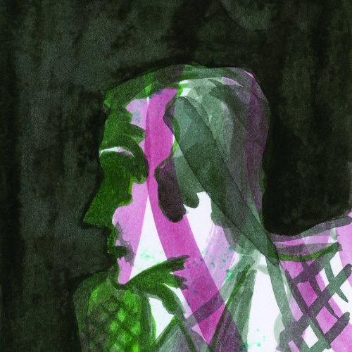Watercolor portrait of a man in profile, mostly green and pink hues.