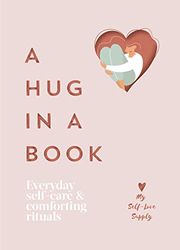 Book cover with text "A Hug in a Book" and illustration of a person hugged by a heart.