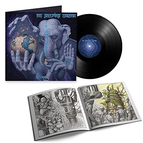 Vinyl record and open comic book featuring surreal, illustrated artwork.