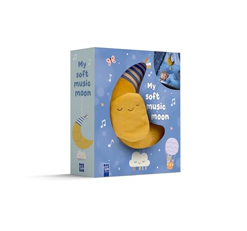 Boxed yellow crescent moon plush with illustrated baby and clouds.