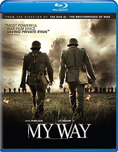 “My Way” Blu-ray cover: two soldiers walk towards a smoky battlefield.