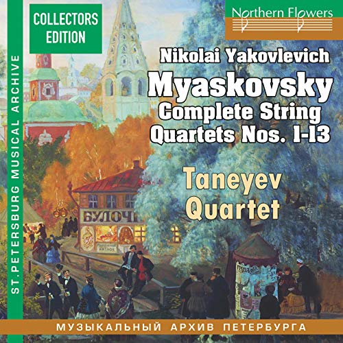 CD cover for Myaskovsky string quartets, featuring a painted Russian town scene.