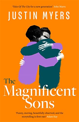 Book cover: two men embracing, orange background, bold white title.