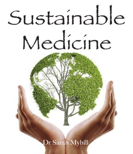 Book cover: “Sustainable Medicine” with a tree in hands imagery.
