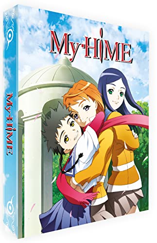 Anime box art showing three girls hugging in front of a gazebo under blue skies.