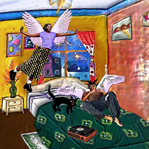 Surreal painting of two winged figures in a bedroom with a black cat.