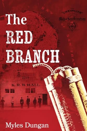 Book cover: red background, building, people, and dynamite sticks illustration.