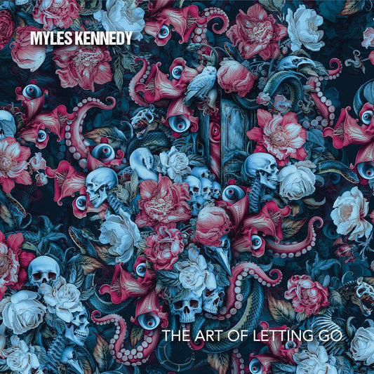 Surreal artwork featuring skulls, flowers, eyes, and tentacles on a dark blue background.