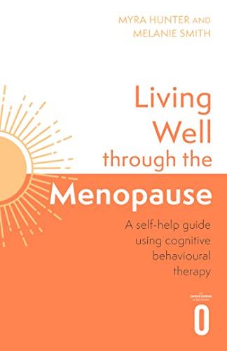 Book cover: "Living Well Through The Menopause" with orange sunburst design.