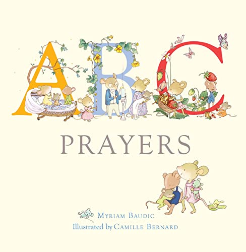 ABC Prayers" book cover with illustrated mice among colorful alphabet letters.