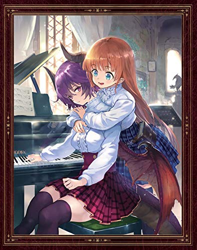 Two anime girls with horns embrace at a piano in a bright room.